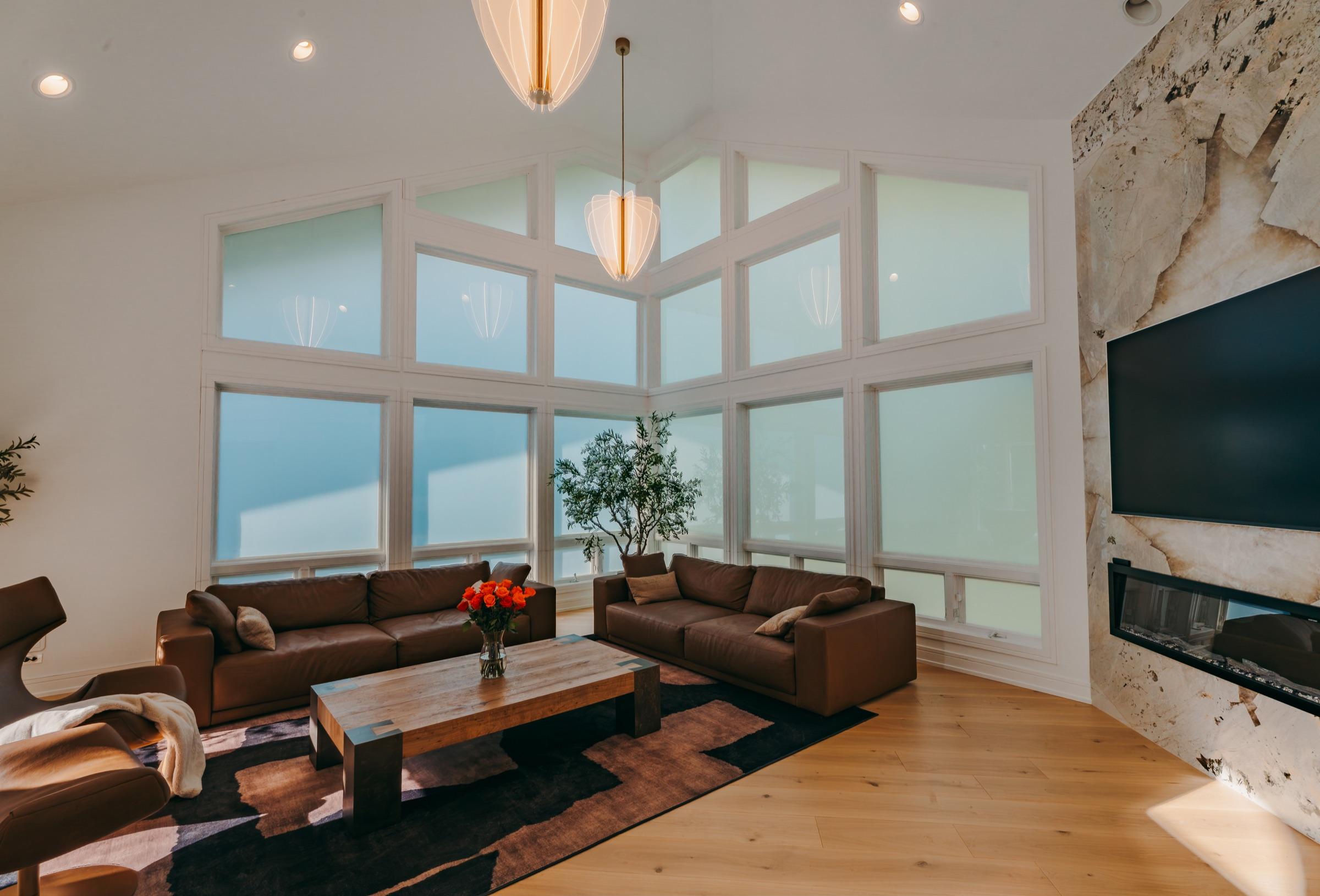 Same great room — powered off, frosted privacy